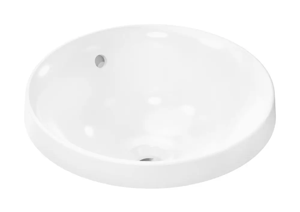 Einbauwaschtisch von Hansgrohe, rund, in Weiß, ohne Hahnloch, mit Überlauf. Glatte Oberfläche, geeignet für Badezimmer.